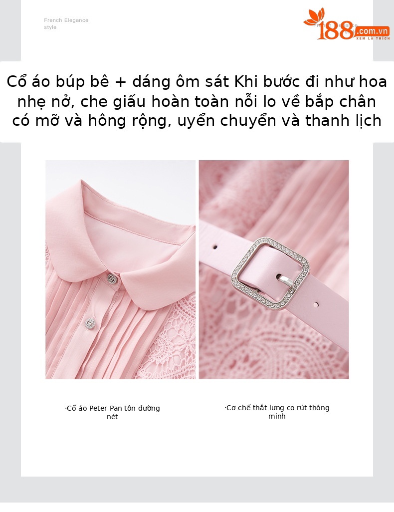Váy liền thắt eo ren hòa tan cổ lật kiểu Pháp quý cô — Màu hồng chi tiết 5