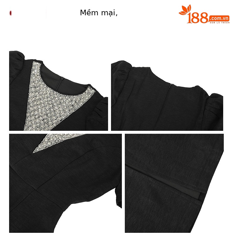 Đầm ôm body nữ kiểu Pháp đính cườm cổ tròn thiết kế vừa vặn — Màu đen chi tiết 3