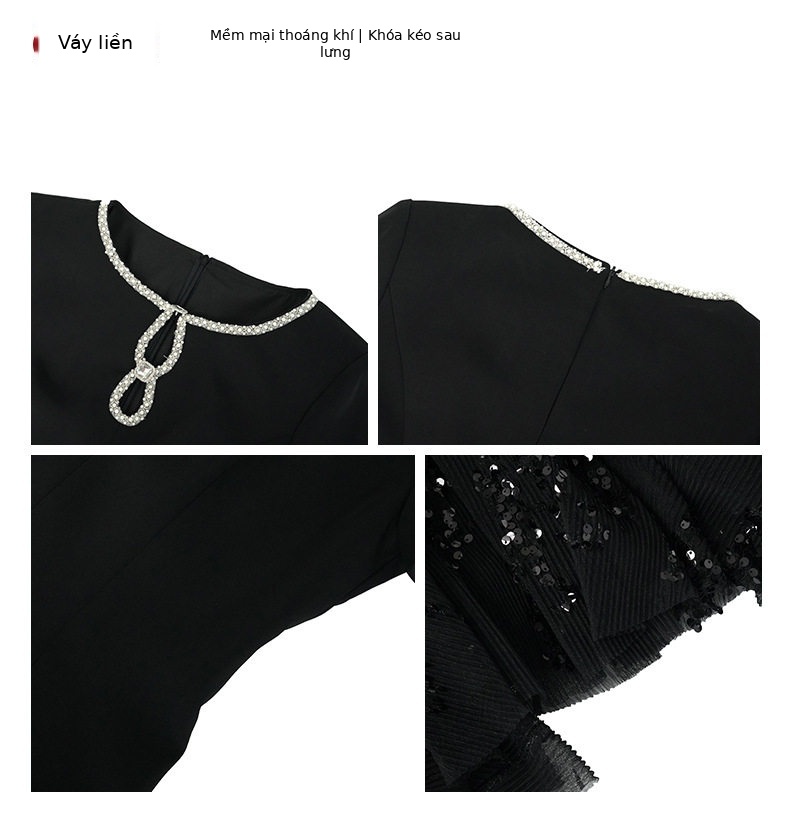 Đầm dạ hội nữ cổ tròn tay ngắn, đính đá lấp lánh, eo cao, chân váy bất đối xứng — [Màu đen] chi tiết 3