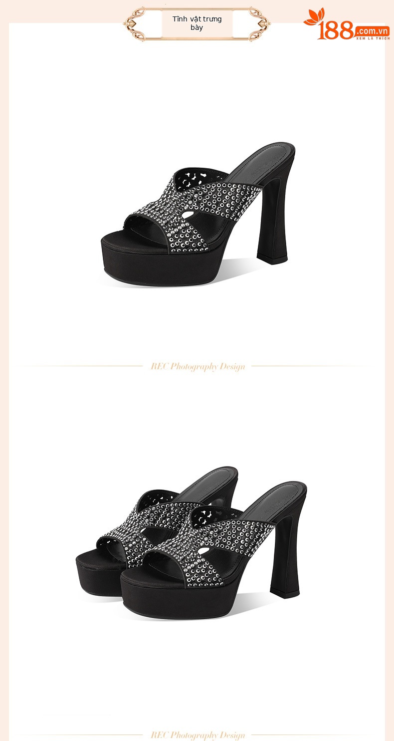 Sandal cao gót nữ hở mũi đế dày đính đá lấp lánh — Màu sâm panh chi tiết 2