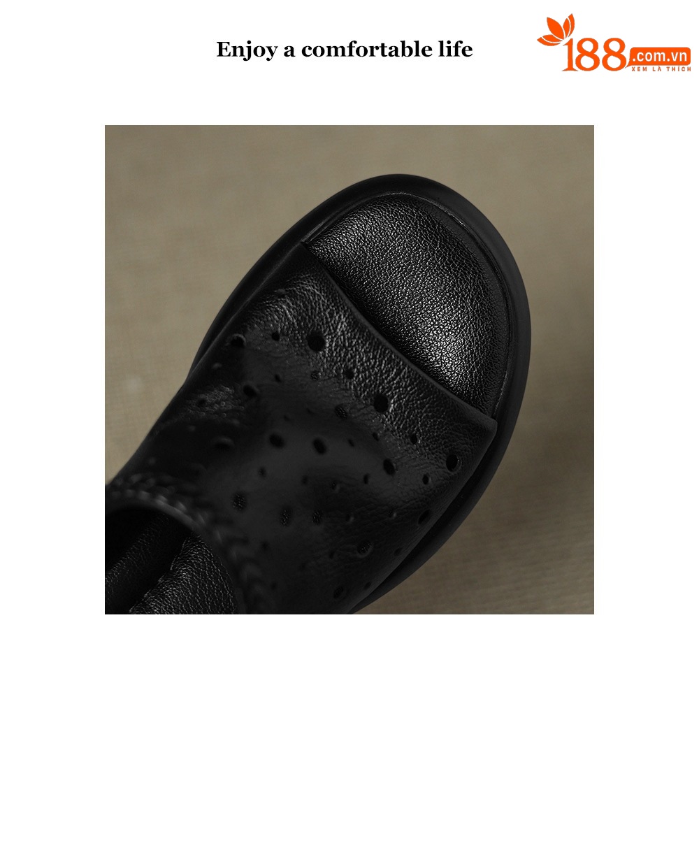 Dép sandal nữ quai chữ V đế dày da cừu mềm đi biển — đen chi tiết 4