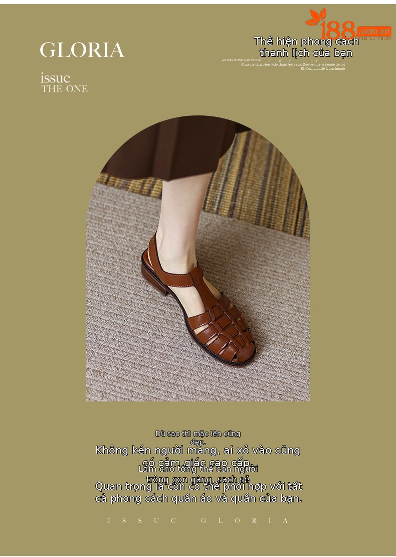 Dép sandal nữ quai chữ T dệt đế mềm phong cách retro — nâu chi tiết 2