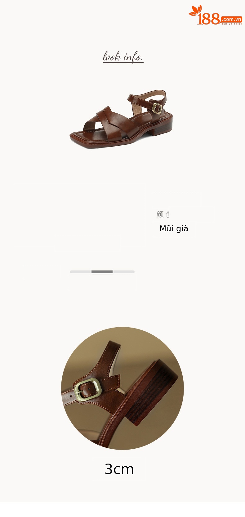 Sandal hở mũi nữ gót thấp quai ngang kiểu La Mã, size lớn 34–41 — nâu chi tiết 3