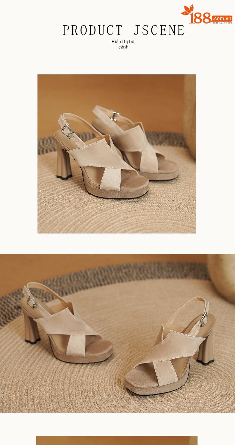 Sandal cao gót nữ hở mũi quai ngang phong cách La Mã, gót 11 cm, da cừu mờ — Màu đen, Màu mơ chi tiết 5