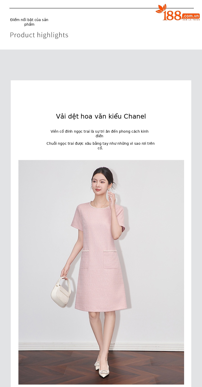 Váy liền nữ kiểu Pháp cổ tròn tay ngắn dệt jacquard ôm nhẹ — Màu be chi tiết 4