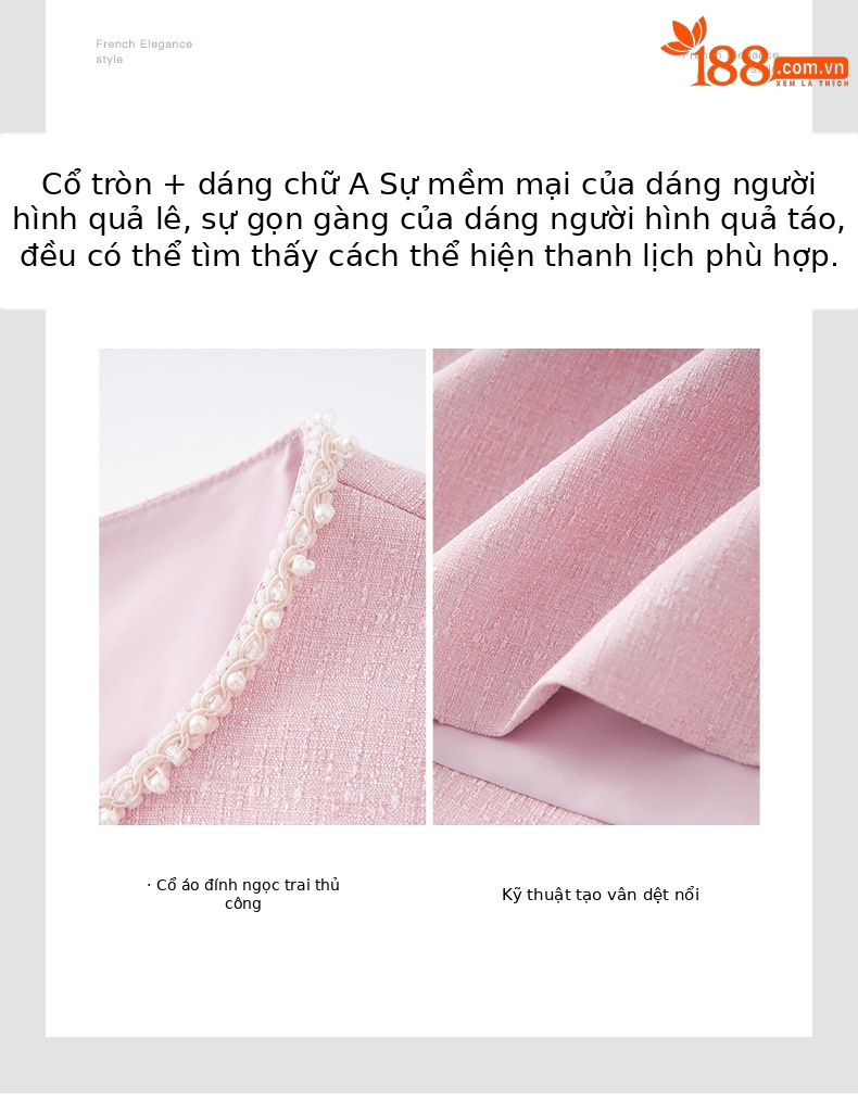 Váy liền nữ kiểu Pháp cổ tròn tay ngắn dệt jacquard ôm nhẹ — Màu be chi tiết 5