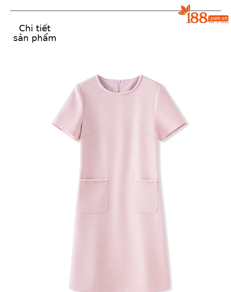 Váy liền nữ kiểu Pháp cổ tròn tay ngắn dệt jacquard ôm nhẹ — Màu be chi tiết 18
