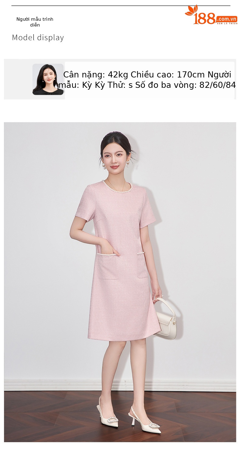 Váy liền nữ kiểu Pháp cổ tròn tay ngắn dệt jacquard ôm nhẹ — Màu be chi tiết 6