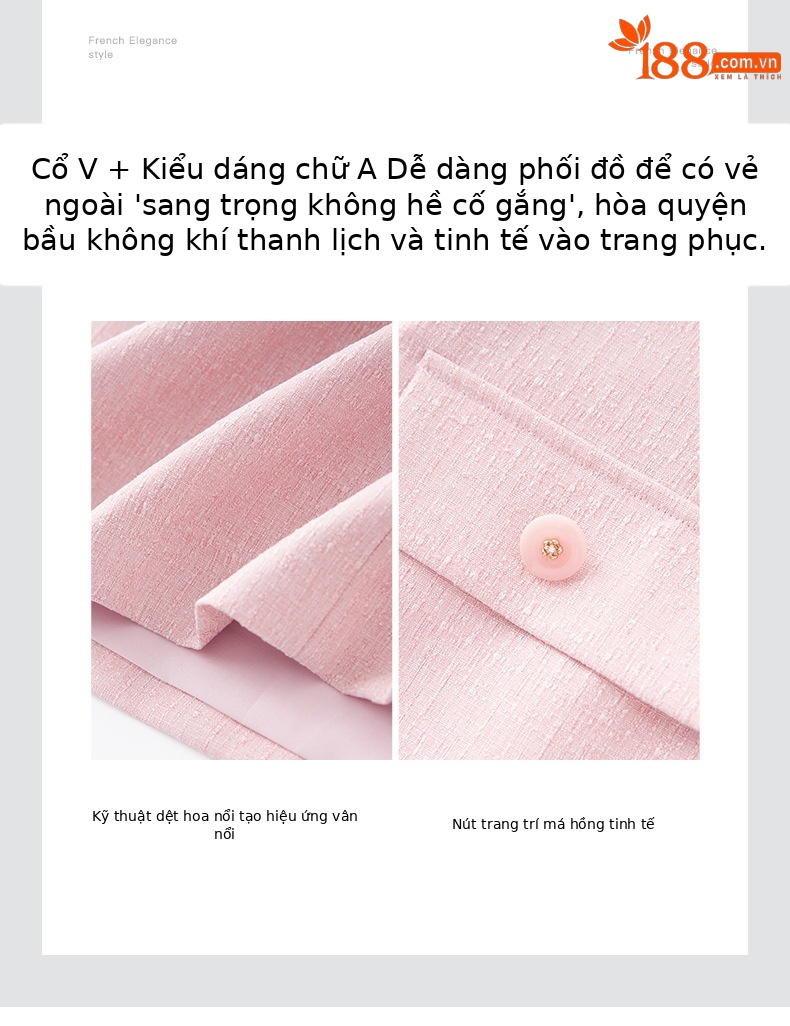 Váy liền cổ chữ V tay ngắn phong cách tiểu thư ôm vừa — Màu be chi tiết 5