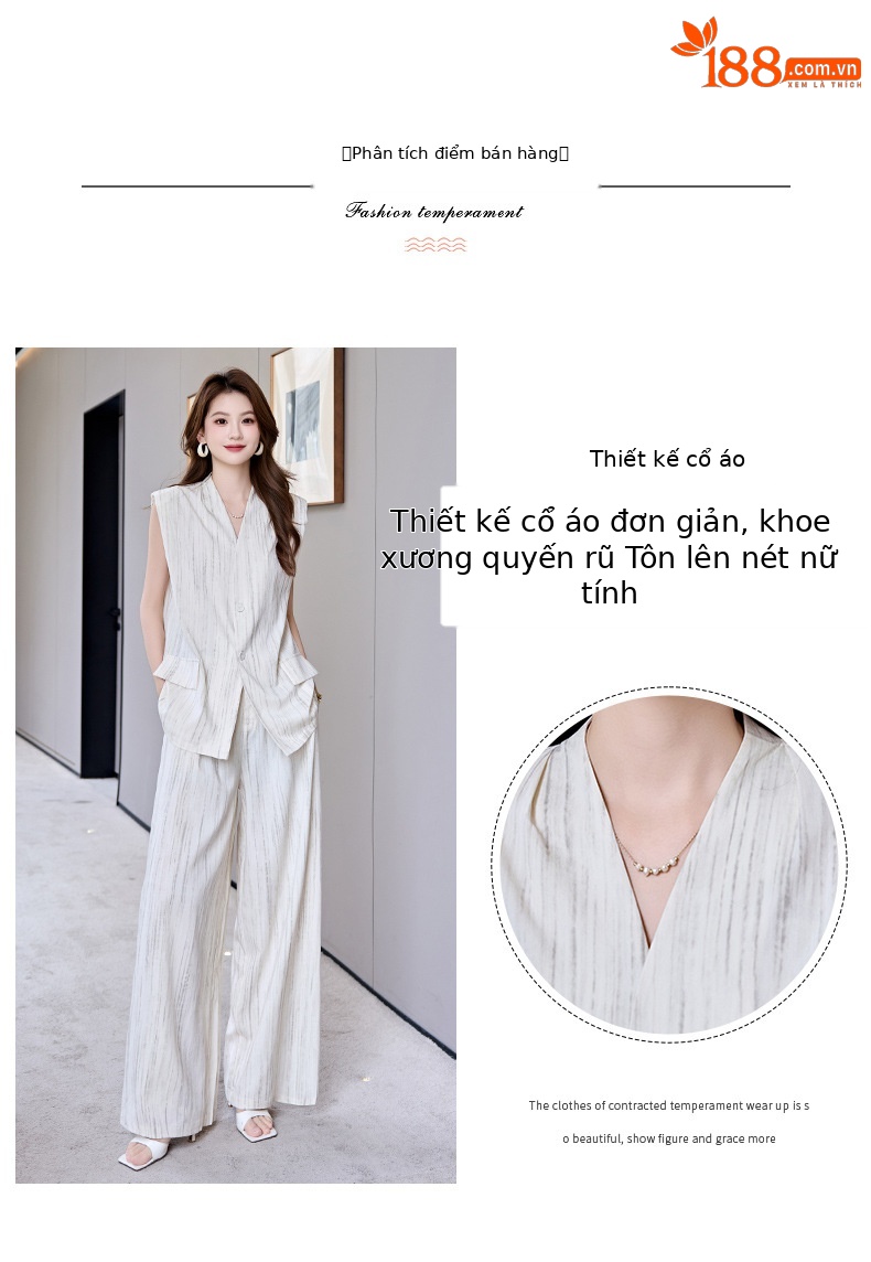 Bộ vest nữ không tay quần ống rộng cao cấp mùa hè 2025 – Áo khoác vest không tay kết hợp quần ống rộng hai mảnh HR1170 — Màu đen, Màu trắng be chi tiết 5