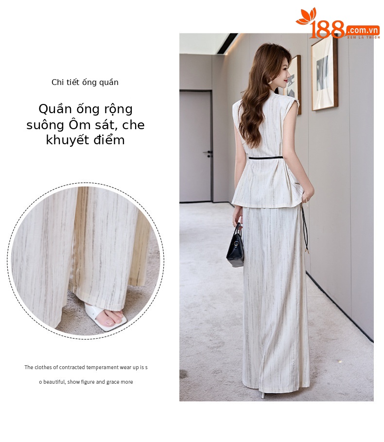 Bộ vest nữ không tay quần ống rộng cao cấp mùa hè 2025 – Áo khoác vest không tay kết hợp quần ống rộng hai mảnh HR1170 — Màu đen, Màu trắng be chi tiết 7
