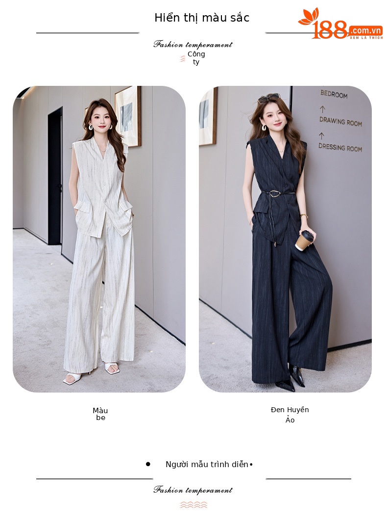 Bộ vest nữ không tay quần ống rộng cao cấp mùa hè 2025 – Áo khoác vest không tay kết hợp quần ống rộng hai mảnh HR1170 — Màu đen, Màu trắng be chi tiết 9