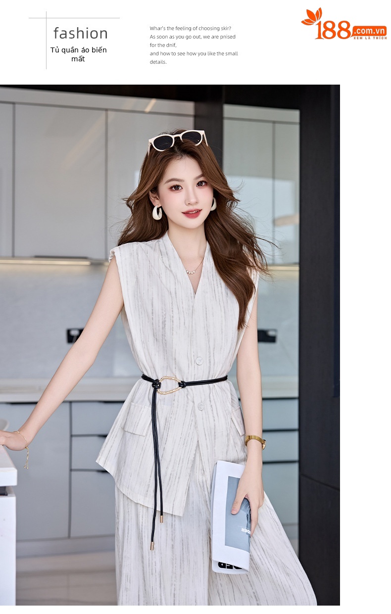 Bộ vest nữ không tay quần ống rộng cao cấp mùa hè 2025 – Áo khoác vest không tay kết hợp quần ống rộng hai mảnh HR1170 — Màu đen, Màu trắng be chi tiết 19
