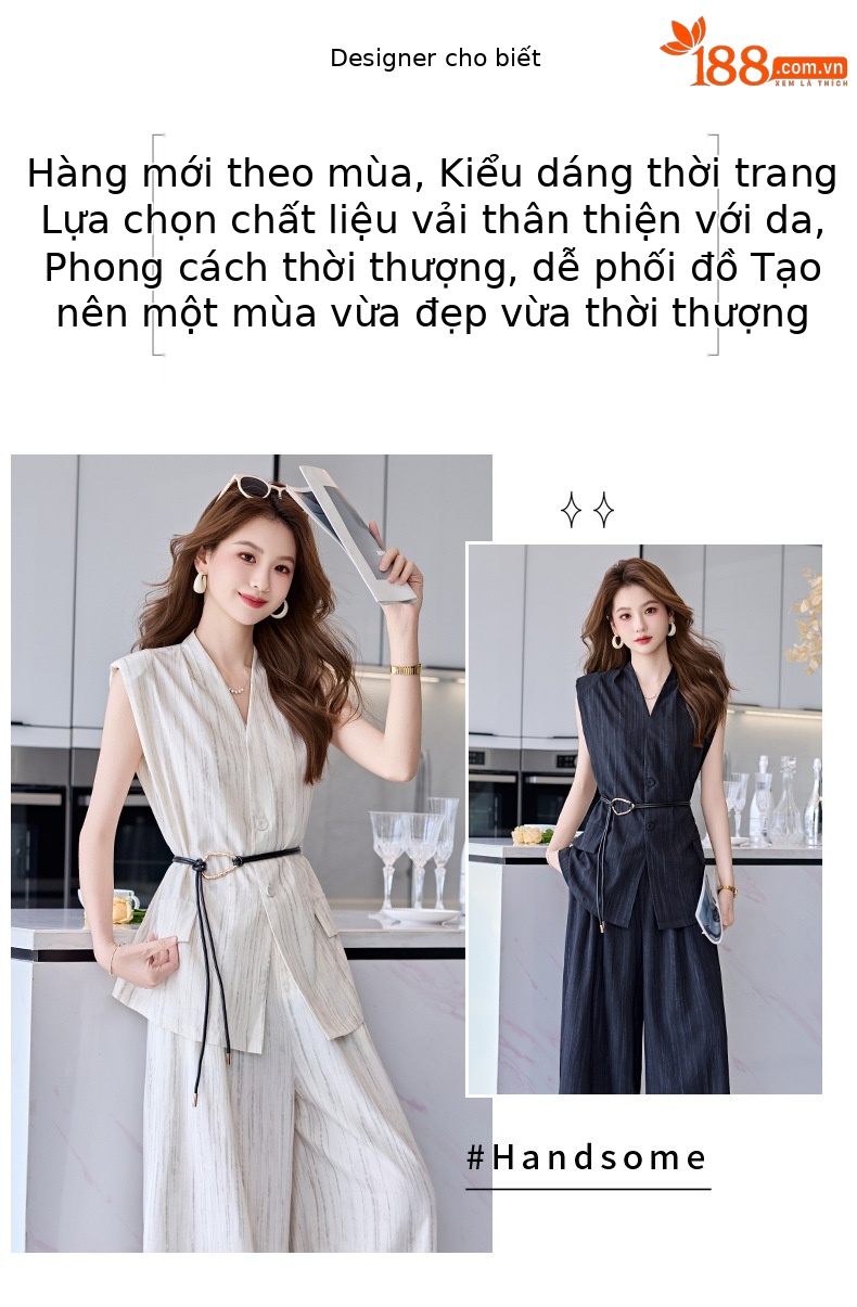 Bộ vest nữ không tay quần ống rộng cao cấp mùa hè 2025 – Áo khoác vest không tay kết hợp quần ống rộng hai mảnh HR1170 — Màu đen, Màu trắng be chi tiết 2