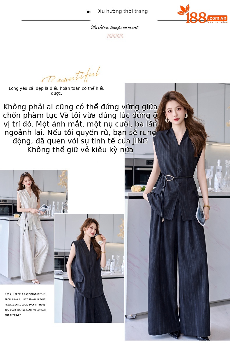 Bộ vest nữ không tay quần ống rộng cao cấp mùa hè 2025 – Áo khoác vest không tay kết hợp quần ống rộng hai mảnh HR1170 — Màu đen, Màu trắng be chi tiết 4