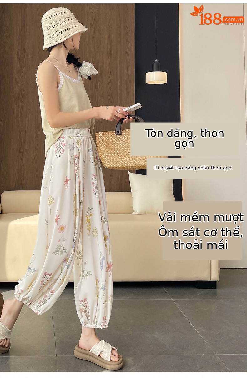 Quần tây nữ cạp cao in họa tiết hoa dâm bụt, dáng ống đứng, thiết kế tạo eo thon — Hoa đen chi tiết 6