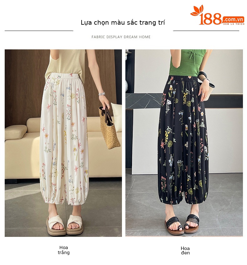 Quần tây nữ cạp cao in họa tiết hoa dâm bụt, dáng ống đứng, thiết kế tạo eo thon — Hoa đen chi tiết 17