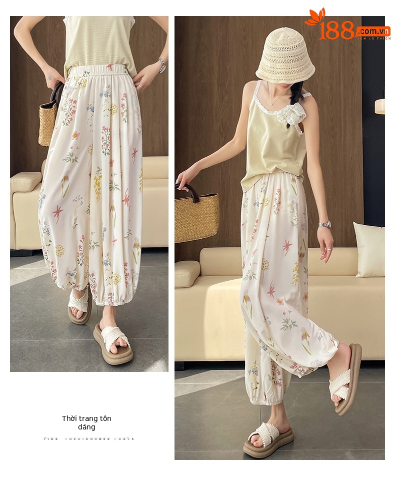 Quần tây nữ cạp cao in họa tiết hoa dâm bụt, dáng ống đứng, thiết kế tạo eo thon — Hoa đen chi tiết 26