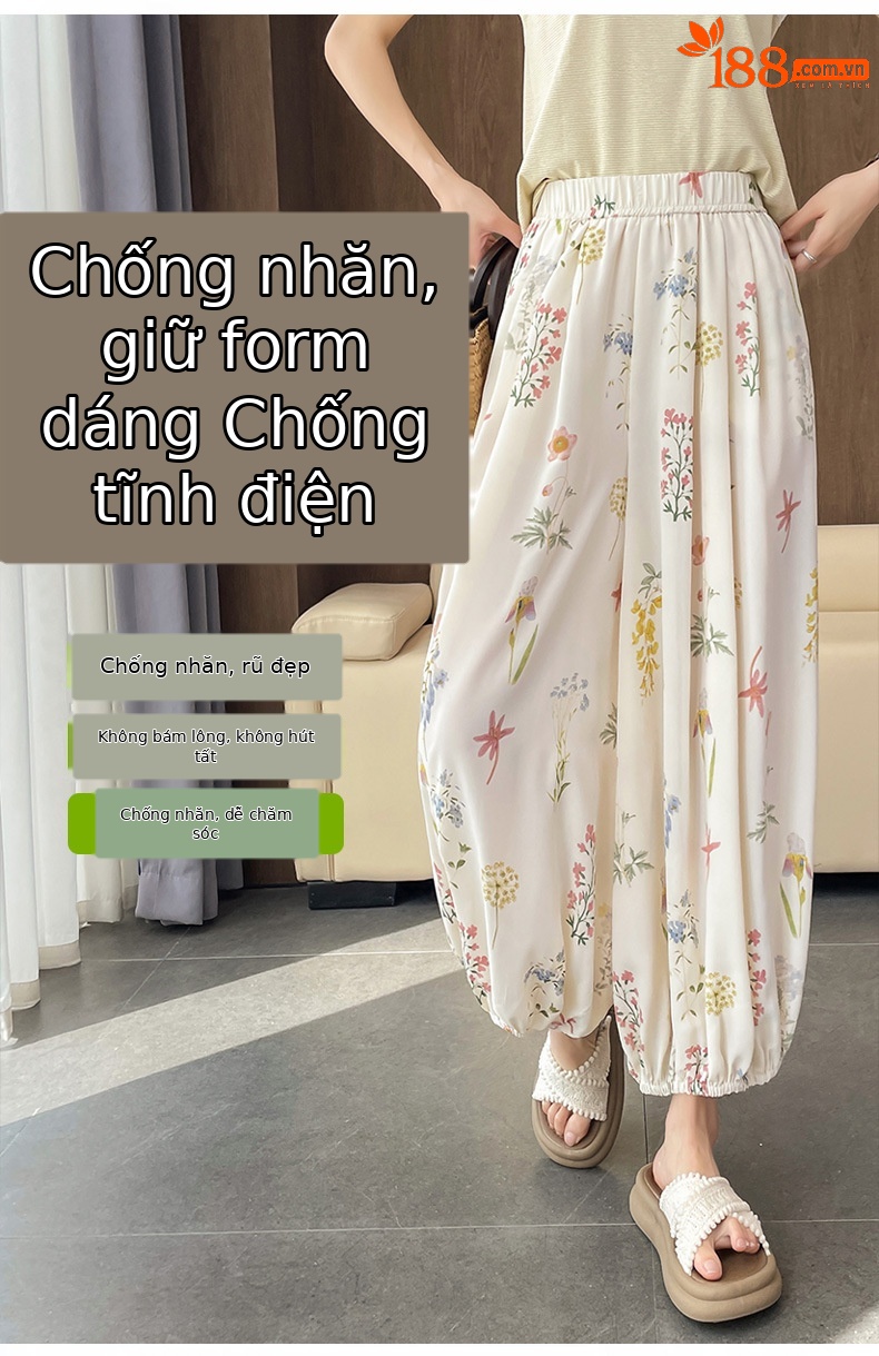 Quần tây nữ cạp cao in họa tiết hoa dâm bụt, dáng ống đứng, thiết kế tạo eo thon — Hoa đen chi tiết 7