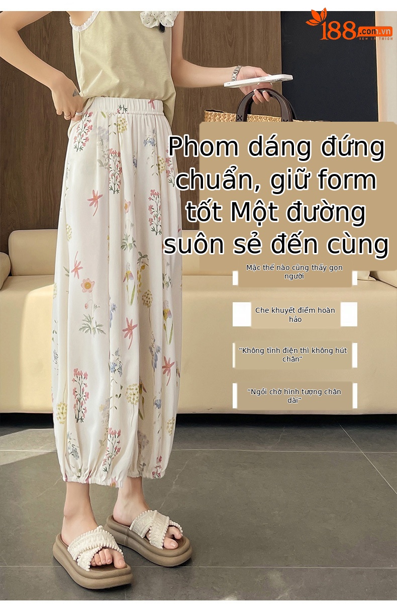 Quần tây nữ cạp cao in họa tiết hoa dâm bụt, dáng ống đứng, thiết kế tạo eo thon — Hoa đen chi tiết 19