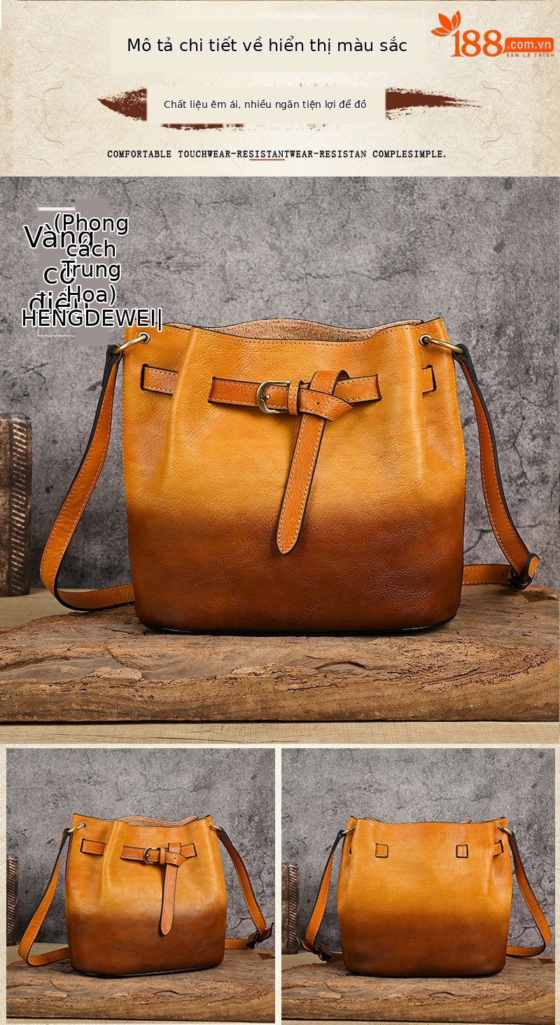 Túi đeo vai nữ da bò nguyên tấm thuộc da thực vật, kiểu Trung Hoa, dung tích lớn (26×12,5×24 cm) — Xanh lá cổ điển chi tiết 13