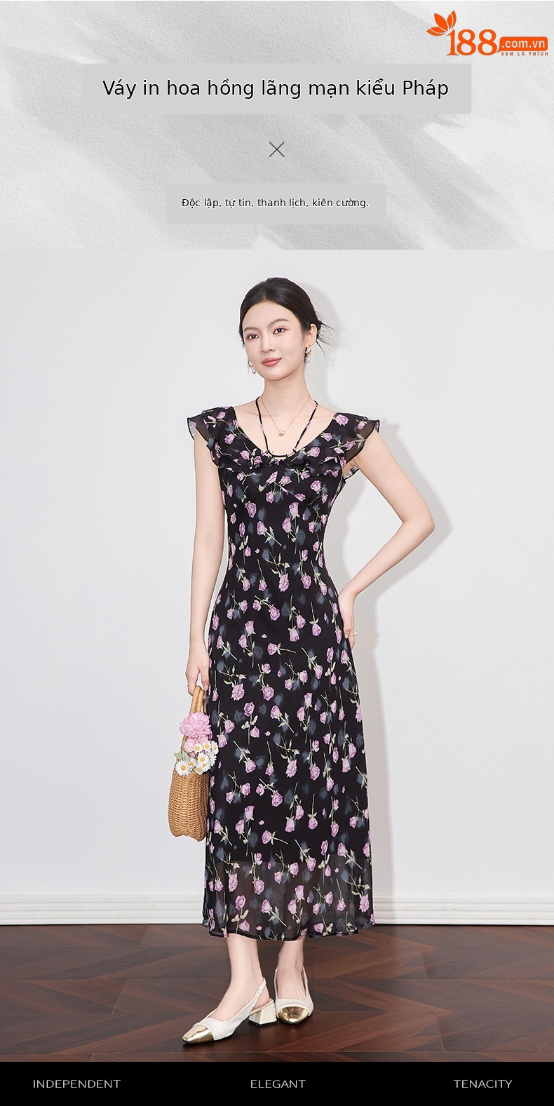 Váy in hoa lãng mạn kiểu Pháp cổ bèo nhún thắt eo dáng maxi — Màu tím chi tiết 1