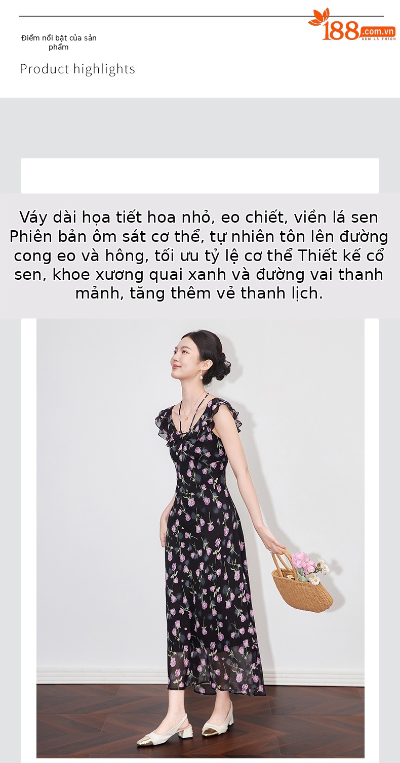 Váy in hoa lãng mạn kiểu Pháp cổ bèo nhún thắt eo dáng maxi — Màu tím chi tiết 4