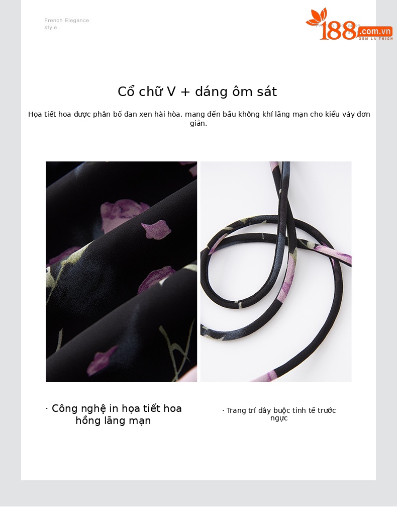 Váy in hoa lãng mạn kiểu Pháp cổ bèo nhún thắt eo dáng maxi — Màu tím chi tiết 5