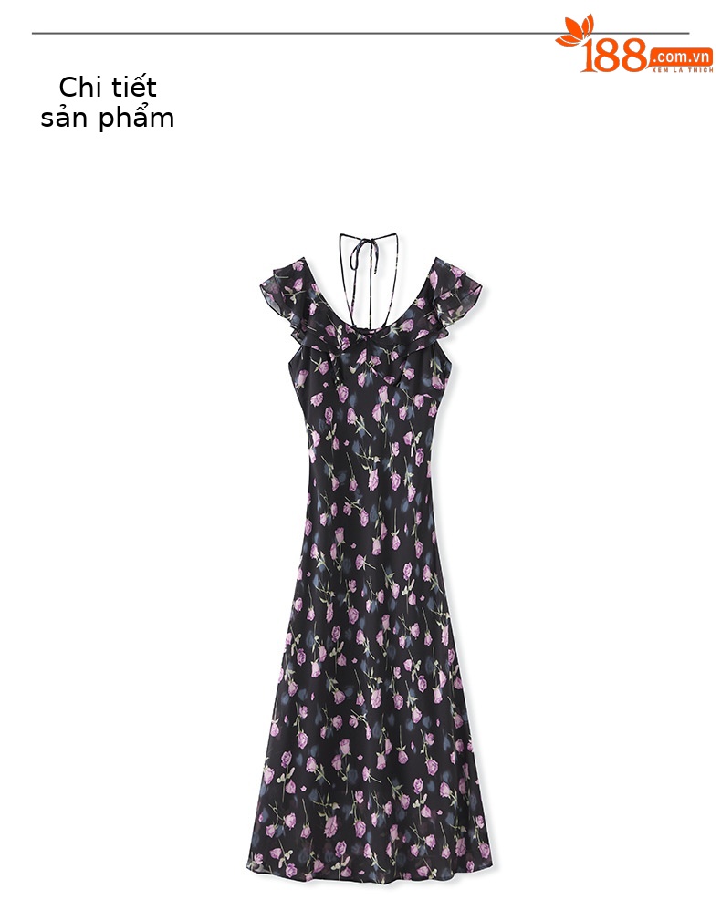 Váy in hoa lãng mạn kiểu Pháp cổ bèo nhún thắt eo dáng maxi — Màu tím chi tiết 10