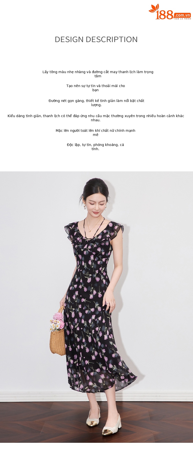 Váy in hoa lãng mạn kiểu Pháp cổ bèo nhún thắt eo dáng maxi — Màu tím chi tiết 2