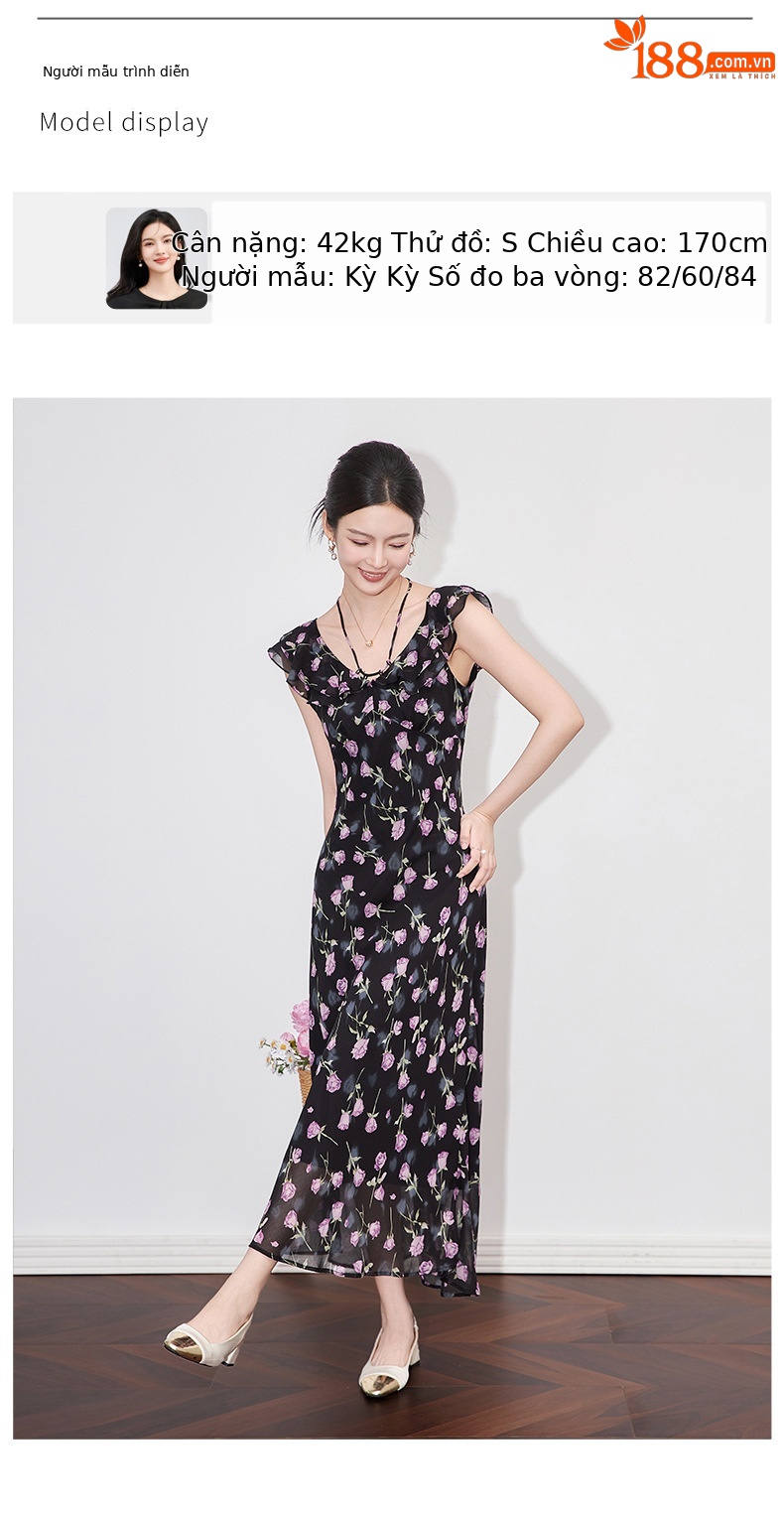 Váy in hoa lãng mạn kiểu Pháp cổ bèo nhún thắt eo dáng maxi — Màu tím chi tiết 6