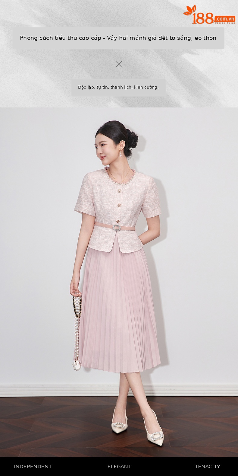 Váy liền dệt lụa sáng phong cách thơm nhỏ, thiết kế hai mảnh giả xếp ly kiểu Pháp — Màu hồng chi tiết 1