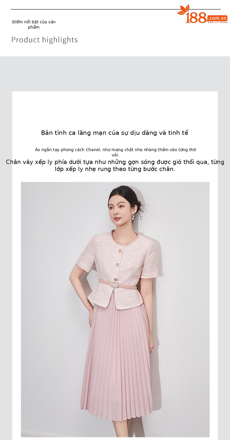 Váy liền dệt lụa sáng phong cách thơm nhỏ, thiết kế hai mảnh giả xếp ly kiểu Pháp — Màu hồng chi tiết 4