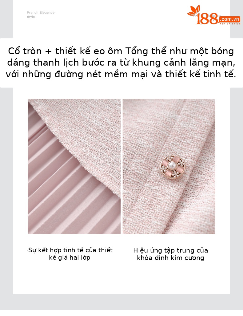 Váy liền dệt lụa sáng phong cách thơm nhỏ, thiết kế hai mảnh giả xếp ly kiểu Pháp — Màu hồng chi tiết 5