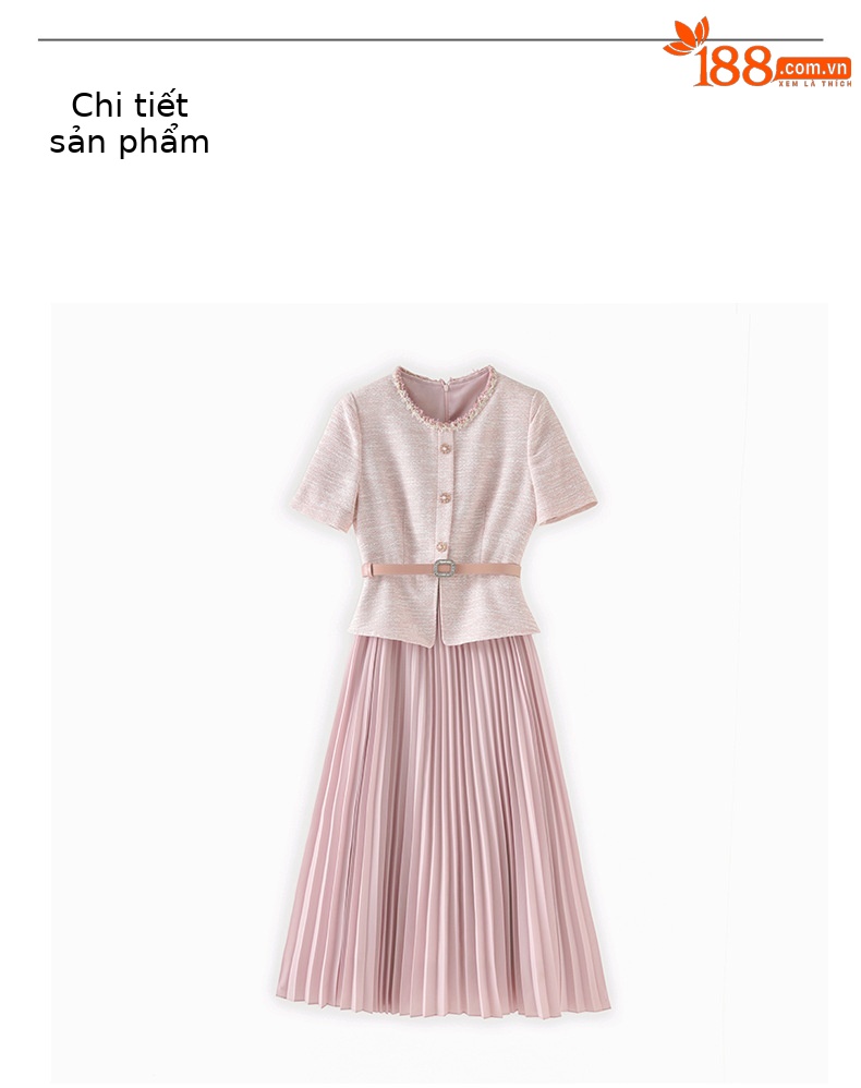 Váy liền dệt lụa sáng phong cách thơm nhỏ, thiết kế hai mảnh giả xếp ly kiểu Pháp — Màu hồng chi tiết 10