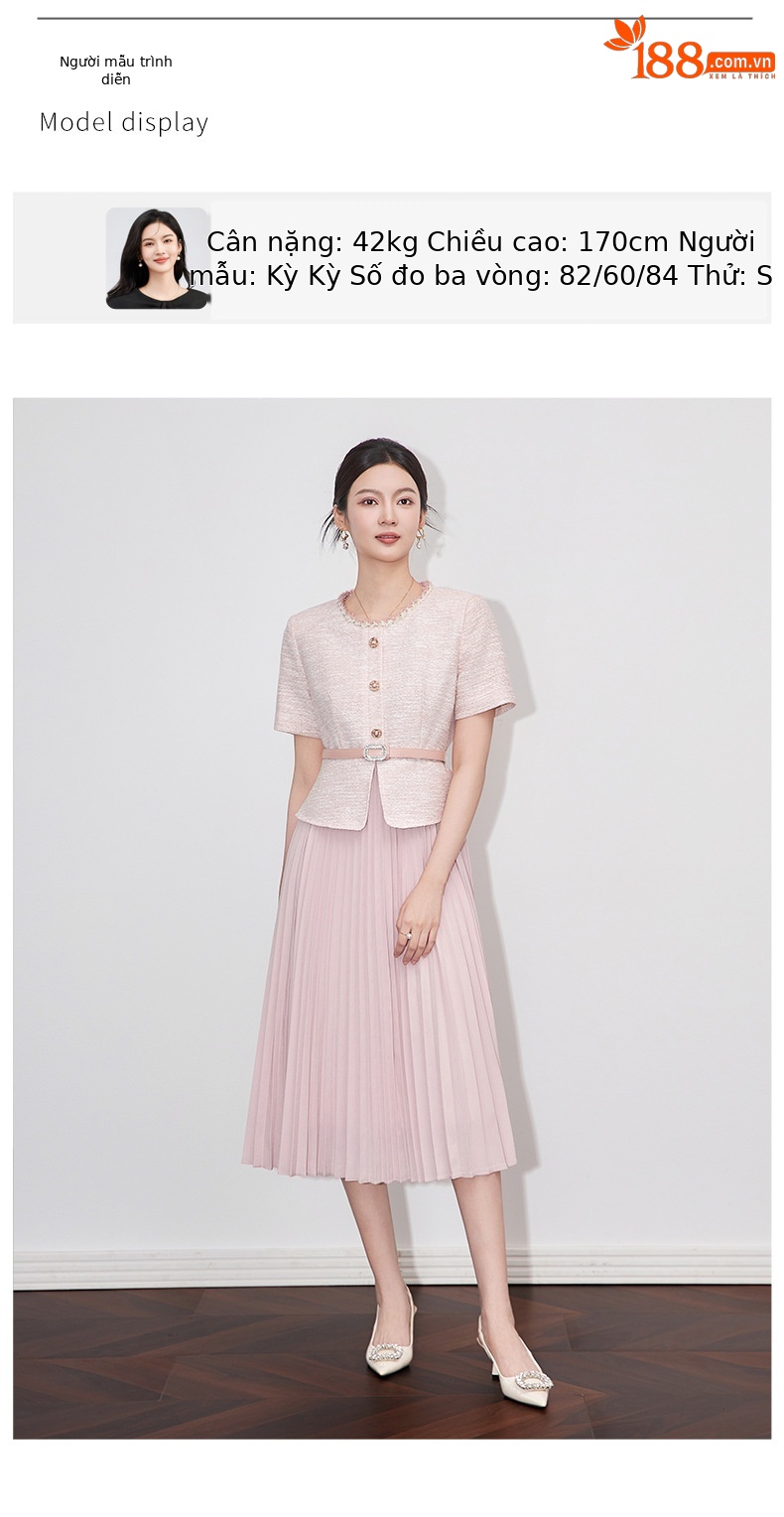 Váy liền dệt lụa sáng phong cách thơm nhỏ, thiết kế hai mảnh giả xếp ly kiểu Pháp — Màu hồng chi tiết 6