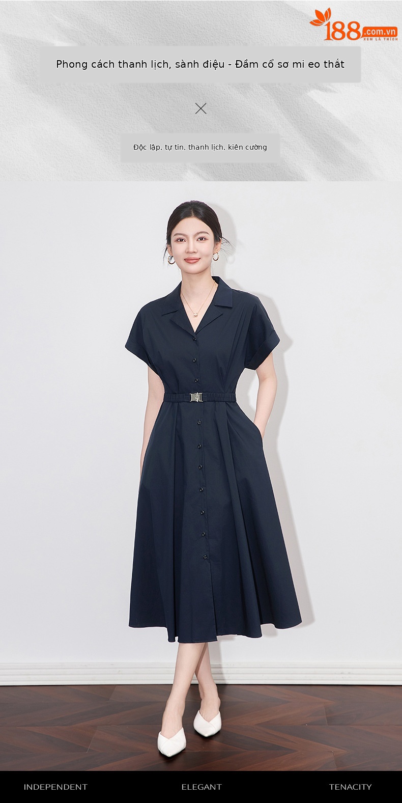 Đầm maxi nữ cổ bẻ thắt eo phong cách công sở mùa hè — Màu xanh navy chi tiết 1
