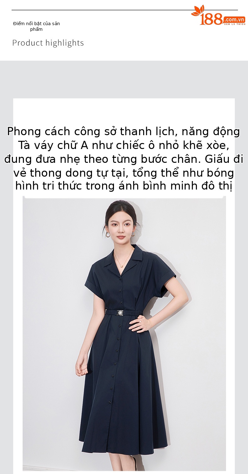 Đầm maxi nữ cổ bẻ thắt eo phong cách công sở mùa hè — Màu xanh navy chi tiết 4