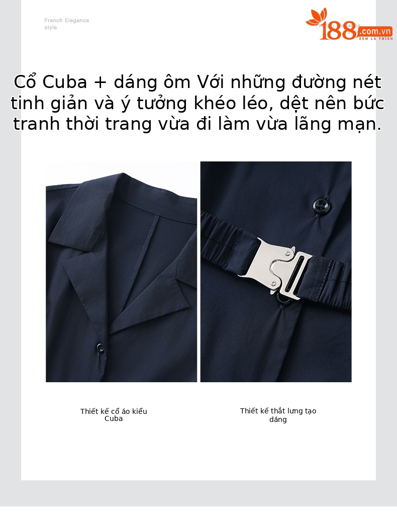 Đầm maxi nữ cổ bẻ thắt eo phong cách công sở mùa hè — Màu xanh navy chi tiết 5