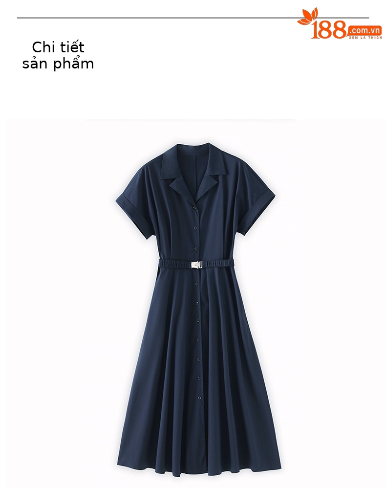 Đầm maxi nữ cổ bẻ thắt eo phong cách công sở mùa hè — Màu xanh navy chi tiết 10