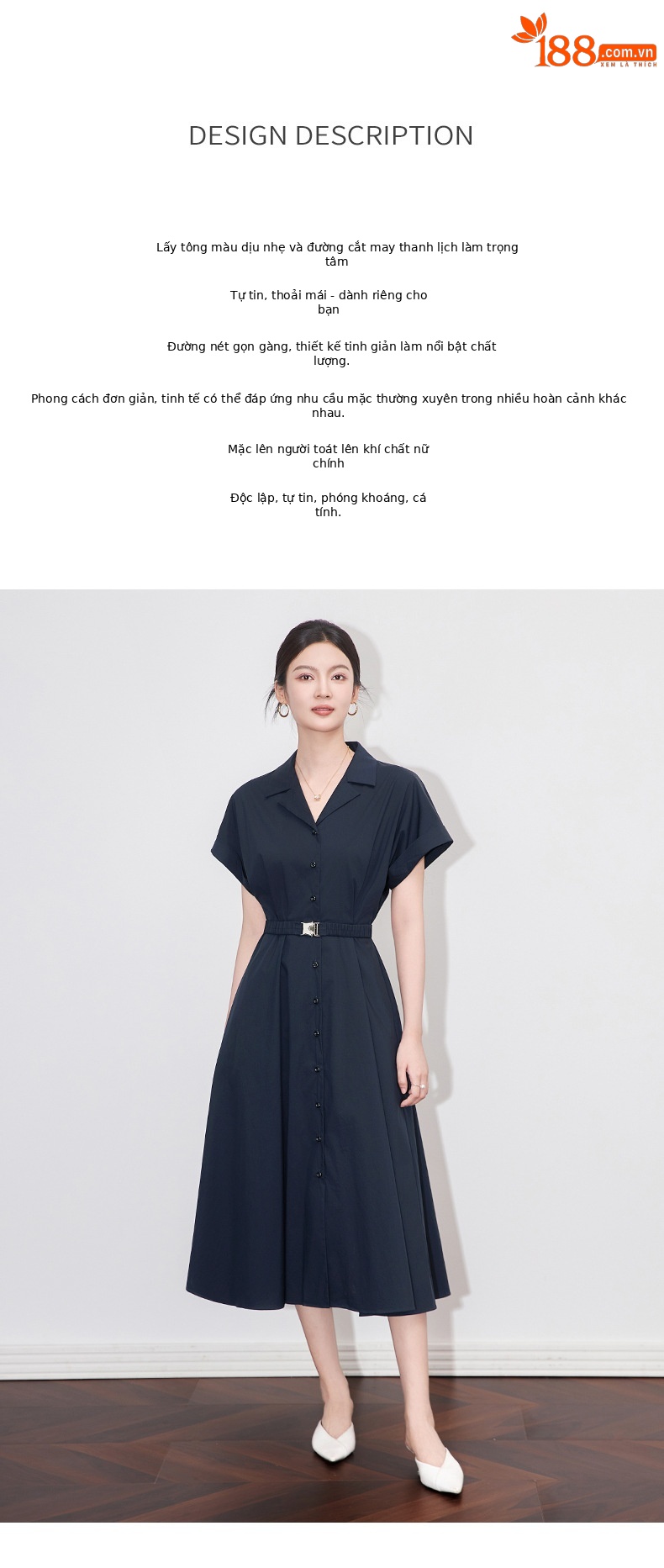 Đầm maxi nữ cổ bẻ thắt eo phong cách công sở mùa hè — Màu xanh navy chi tiết 2