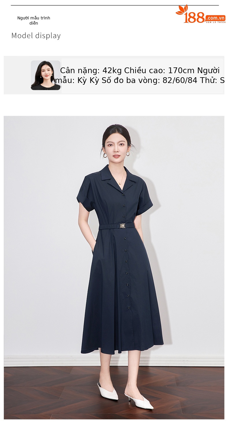 Đầm maxi nữ cổ bẻ thắt eo phong cách công sở mùa hè — Màu xanh navy chi tiết 6