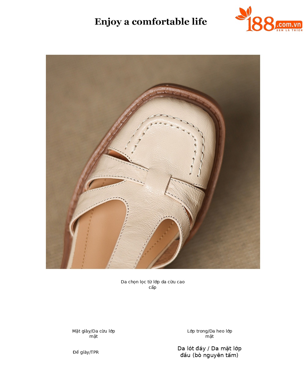 Sandal nữ quai hậu da thật dệt kiểu retro, gót dày, mũi nhọn, đế mềm — Màu trắng nhạt chi tiết 3