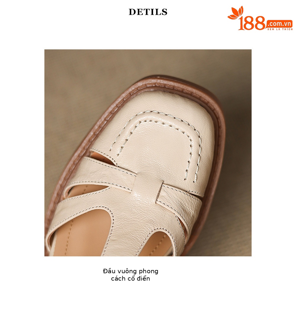 Sandal nữ quai hậu da thật dệt kiểu retro, gót dày, mũi nhọn, đế mềm — Màu trắng nhạt chi tiết 18