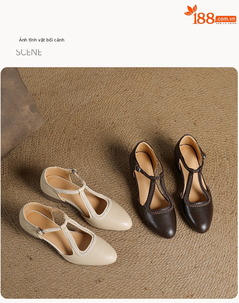 Sandal nữ quai ngang mũi nhọn da cừu đế xuồng gót 4.5 cm — nâu chi tiết 18
