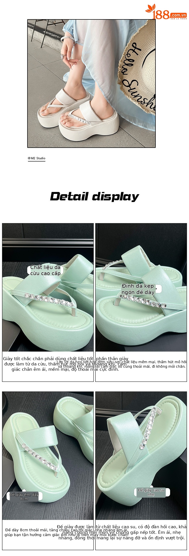 Dép xỏ ngón đế xuồng đính đá cao cấp cho nữ – gót 5 cm, phù hợp đi biển mùa hè — Màu xanh lục nhạt, Màu đen, Màu trắng be chi tiết 1
