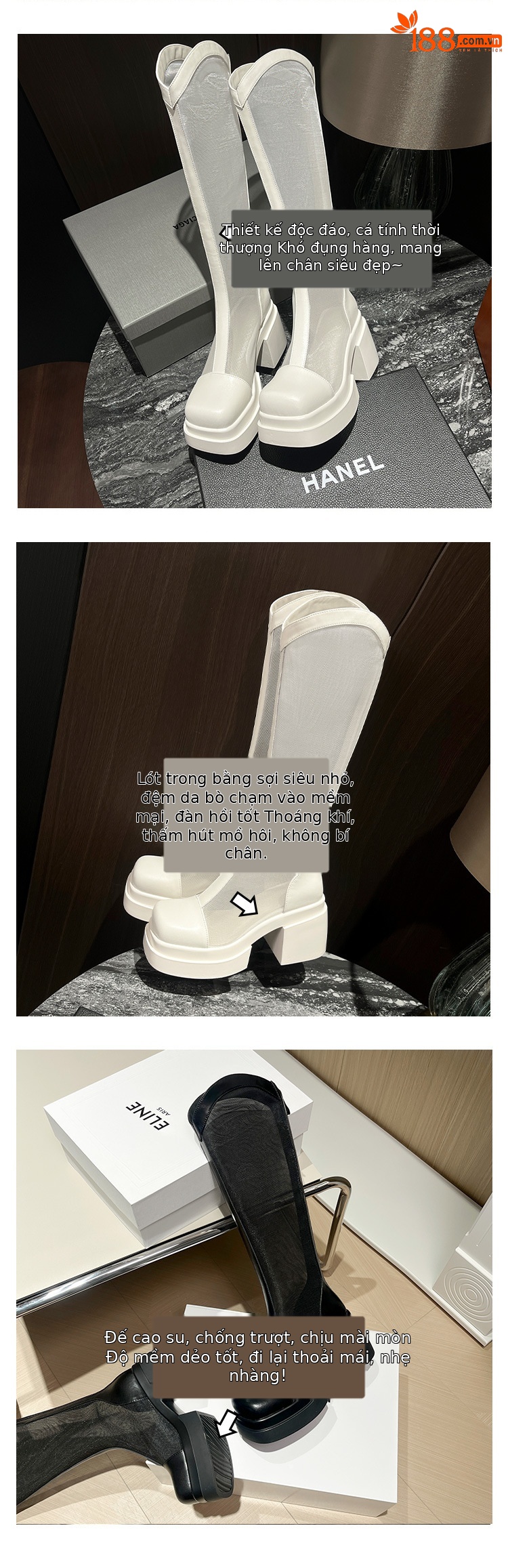 Boot dài vải lưới da thật nữ cao cổ rỗng thoáng khí mùa hè gót cao dáng nhỏ — Màu đen, Màu trắng be chi tiết 4
