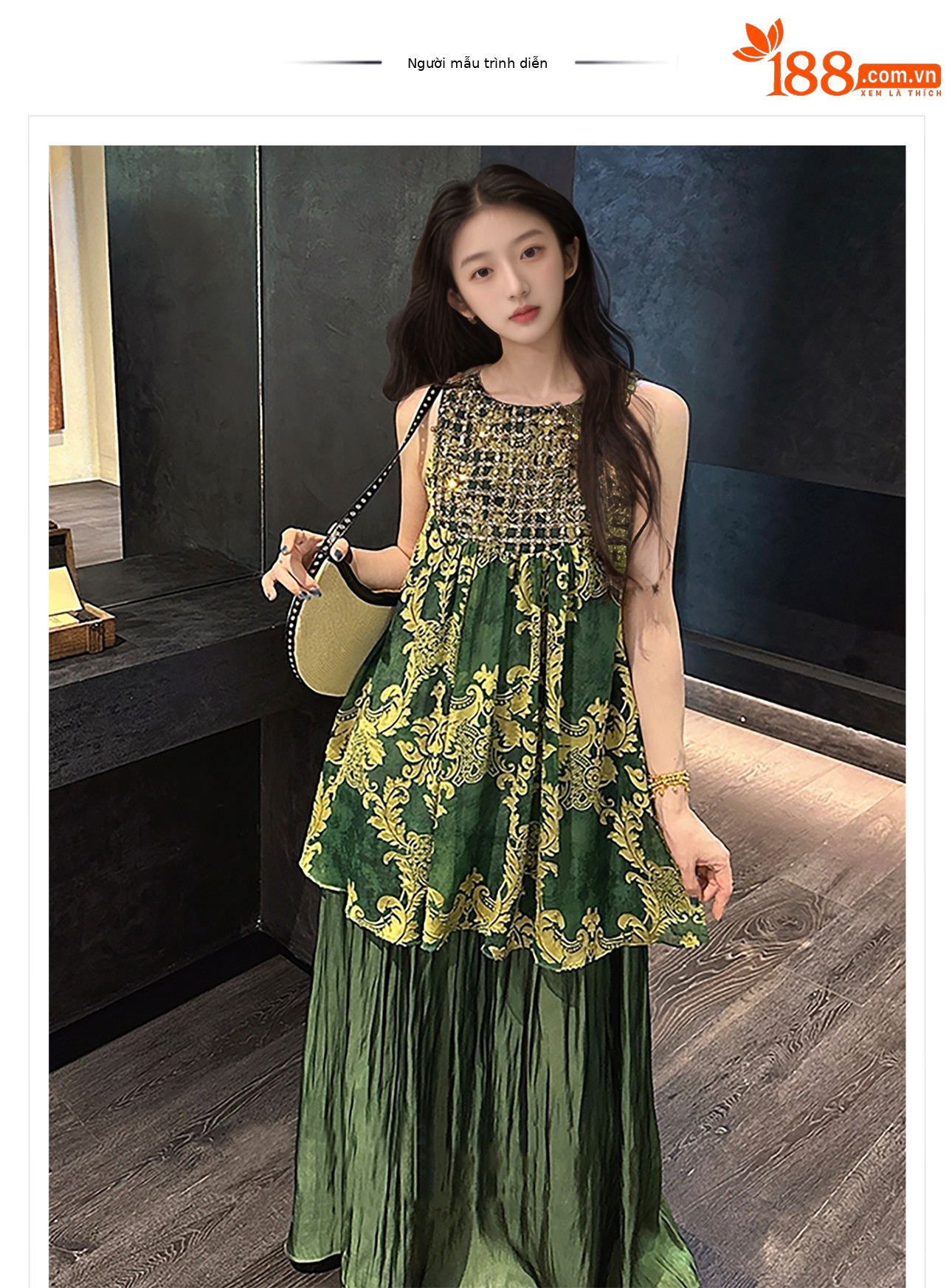Váy maxi nữ thắt eo phong cách Trung Hoa đính sequin tay ngắn — Màu vàng, Màu xanh lá chi tiết 1