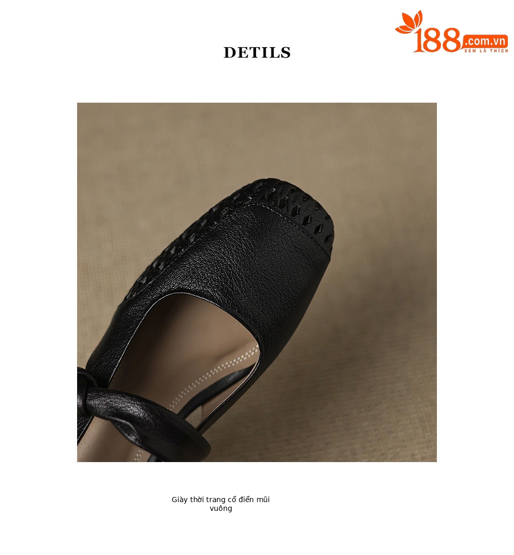 Sandal nữ mũi nhọn da dê đục lỗ gót thấp 2 cm, miệng nông hở mũi — đen chi tiết 19