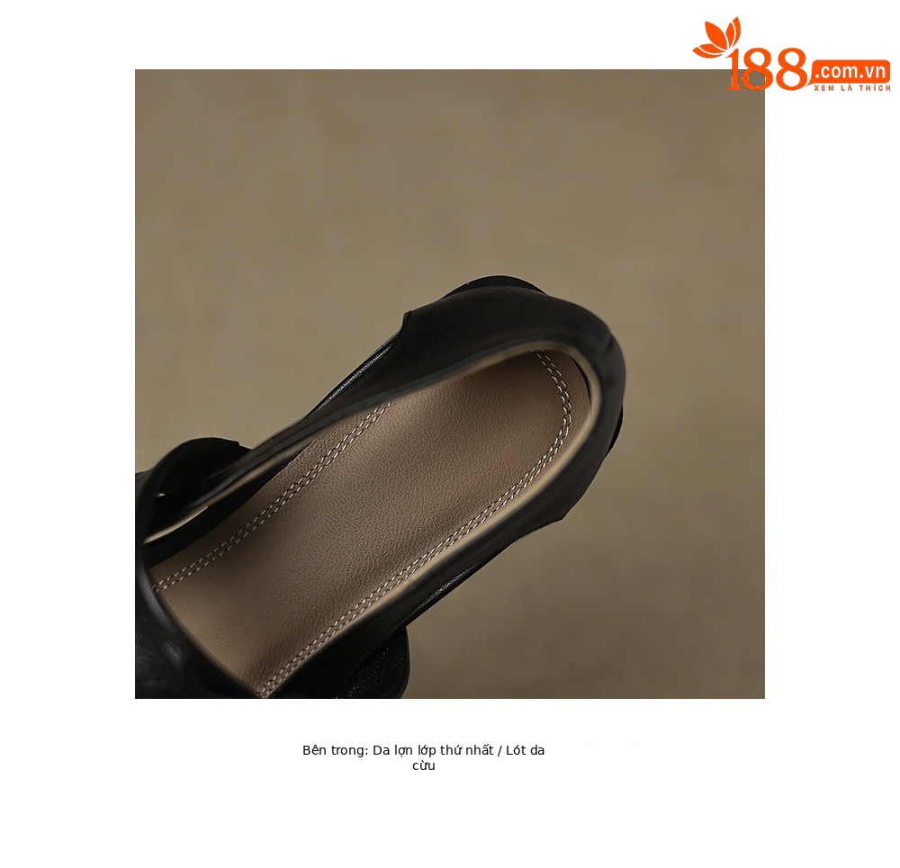 Sandal nữ mũi nhọn da dê đục lỗ gót thấp 2 cm, miệng nông hở mũi — đen chi tiết 20